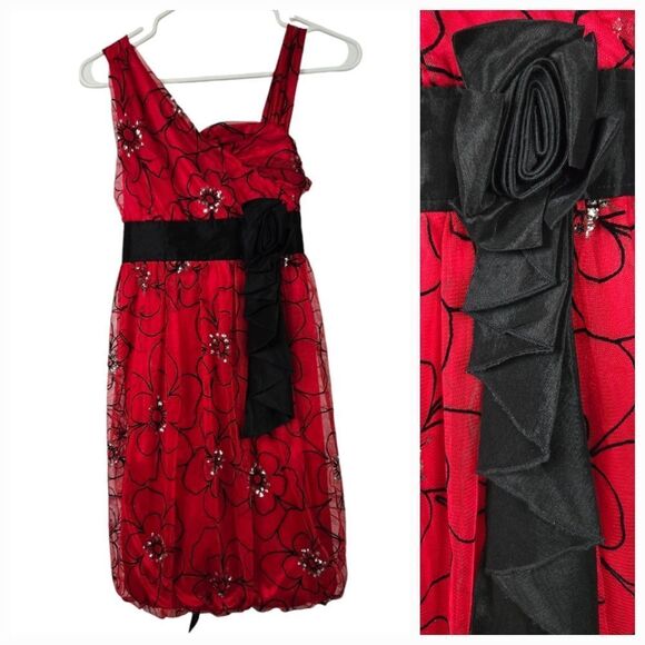 My Michelle Girls Formal Red Floral Flocked Bubble Dress Holiday Christmas Party - Picture 1 of 12